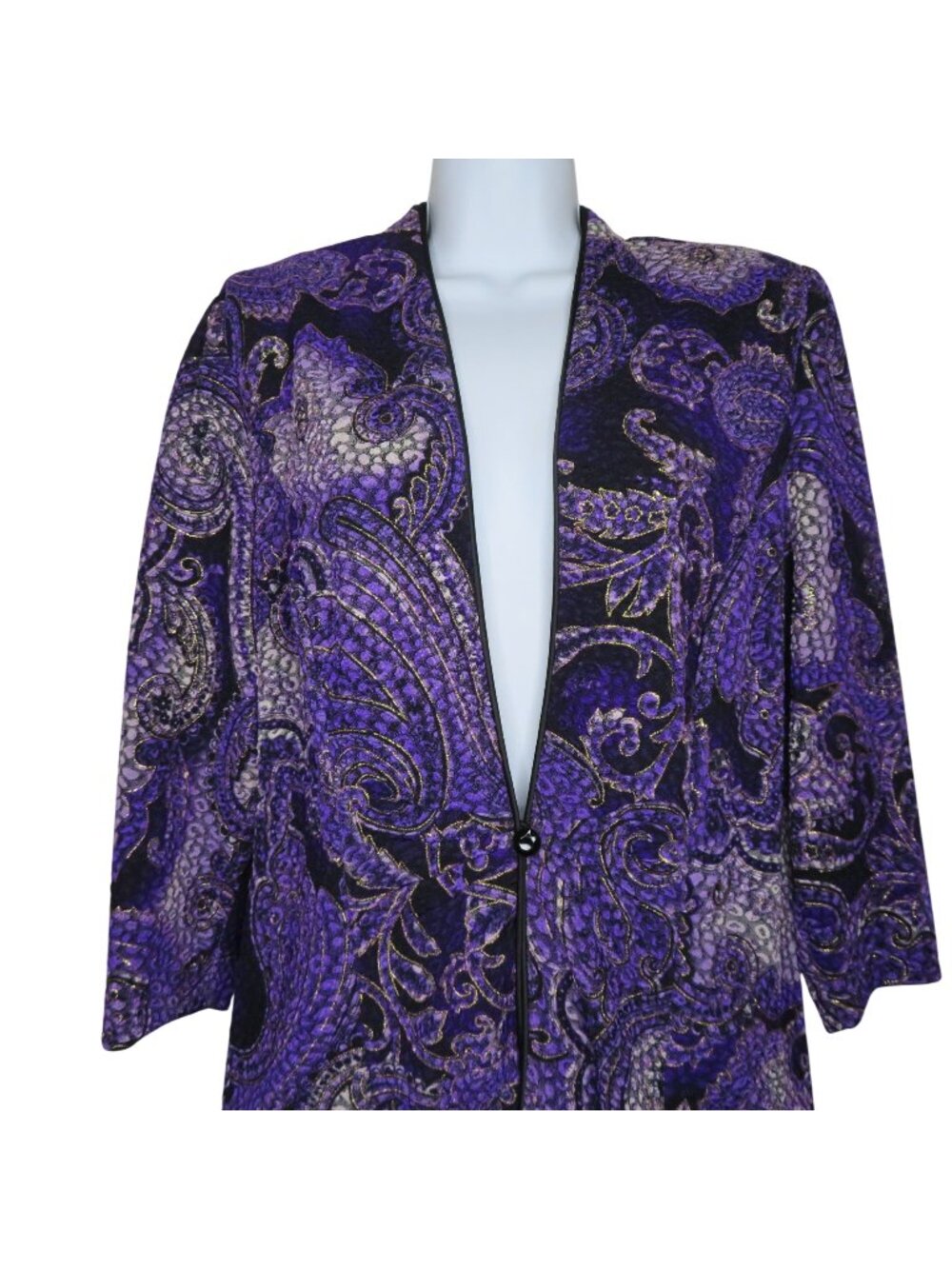 Vintage Alex Evenings Womens Purple Paisley Jacket Black Button Closure Size L